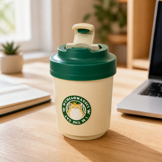 Taza de café beige con tapa verde sobre un escritorio