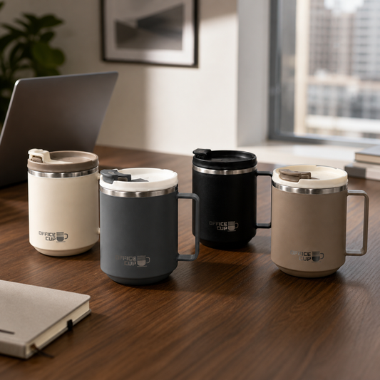 Cuatro vasos térmicos Office Cup 480 ml en un escritorio