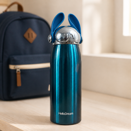 Botella infantil Conejo 300 ml junto a una mochila escolar
