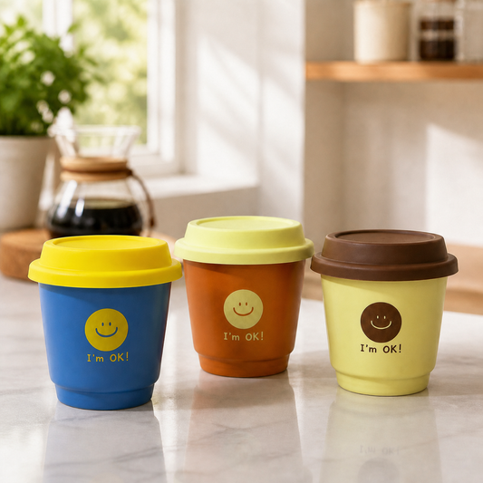 Taza Cerámica Smile con Tapa de Silicona 230 ml en ambiente lifestyle