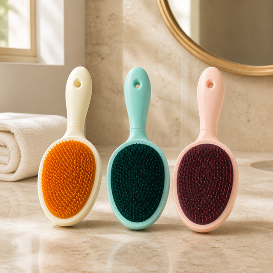 Tres cepillos capilares dobles en un baño de tonos cálidos