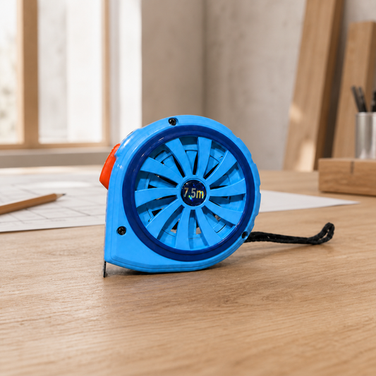Cinta Métrica Azul 7 m x 19 mm en mesa de trabajo