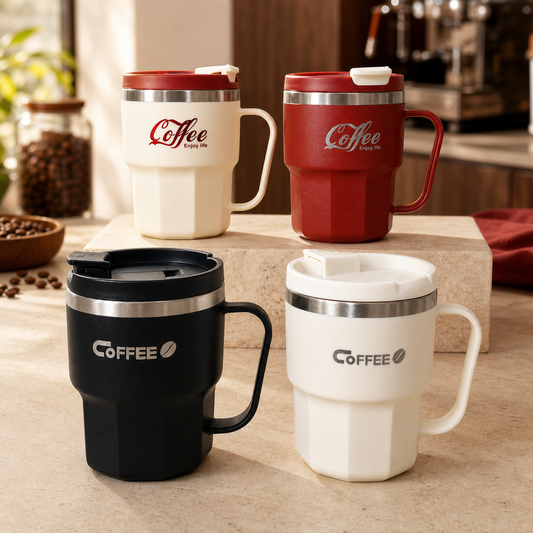 Cuatro tazas térmicas Coffee Cola 400 ml RM47-62 en una cafetería
