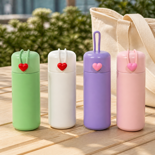 Cuatro botellas térmicas Corazón sobre una mesa de picnic