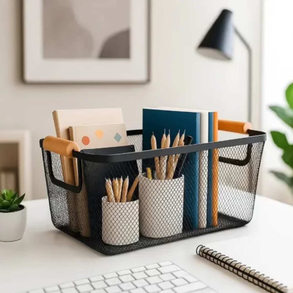 Canasto Metálico rectangular manija madera