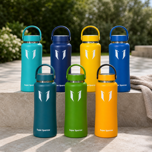 Siete botellas térmicas Space Jug 750 ml en una terraza exterior