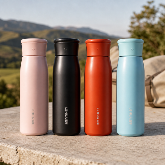 Cuatro botellas térmicas Explorer en una mesa con vista a las montañas