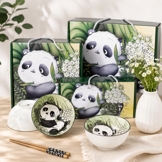 Set de 6 Bowls de Cerámica con Palillos - Panda