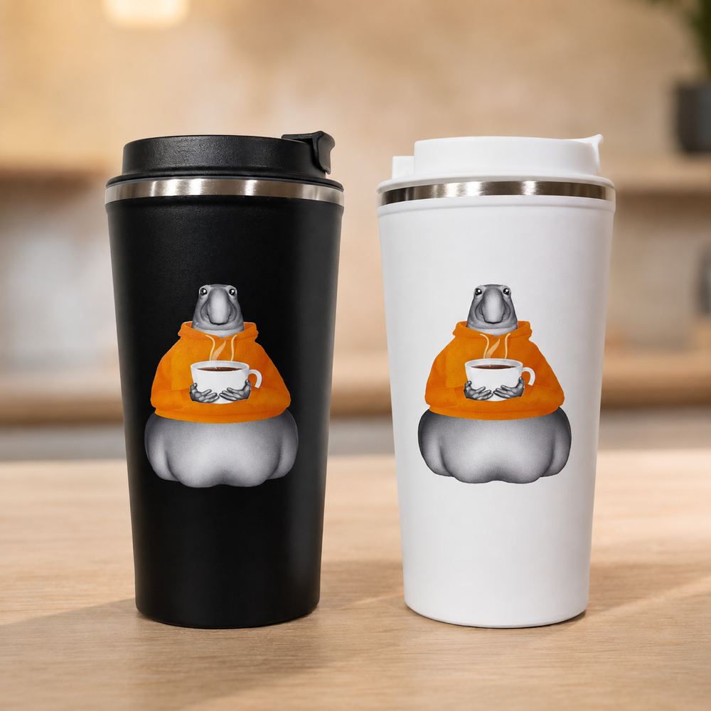 Vaso Térmico Café Blanco y Negro con gráfico naranja
