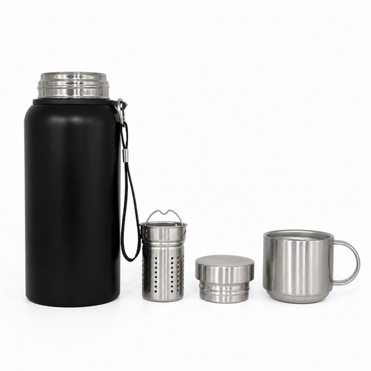 Termo de Acero Inoxidable con Taza e Infusor 600 ml sobre fondo blanco