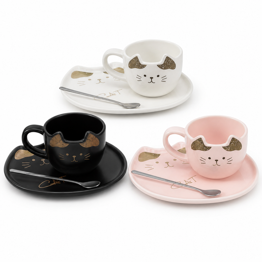 Set Taza Cerámica con Plato y Cuchara Cat 200 ml sobre fondo blanco