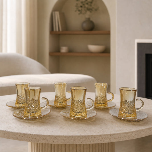 Set x6 Tazas con platos vidrio Luxury Gold