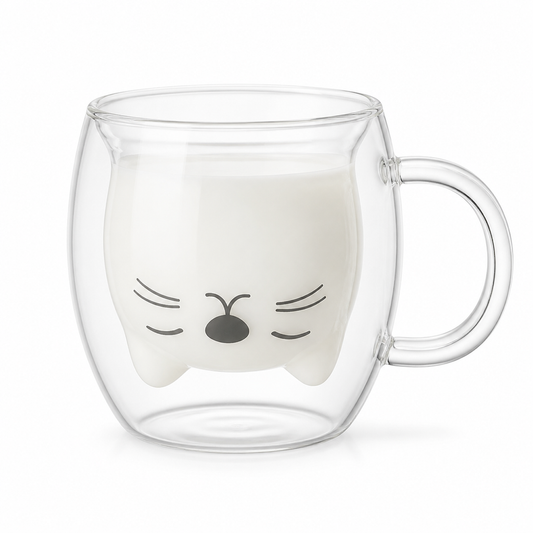Taza Doble Vidrio Cute Cat 250 ml sobre fondo blanco