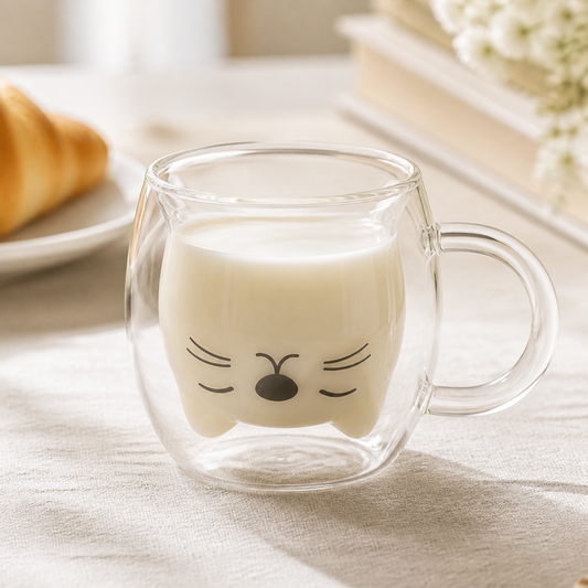 Taza Doble Vidrio Cute Cat 250 ml en ambiente lifestyle
