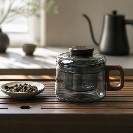 Taza con Infusor Gris Humo en ambiente lifestyle
