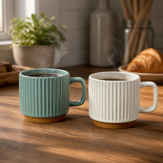 Taza de Cerámica Line Wood Alta 8 x 7,5 x 7 cm en ambiente lifestyle