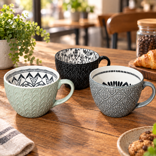 Taza de cerámica con relieve, colores surtidos, fotografía ambientada del producto RM48-11