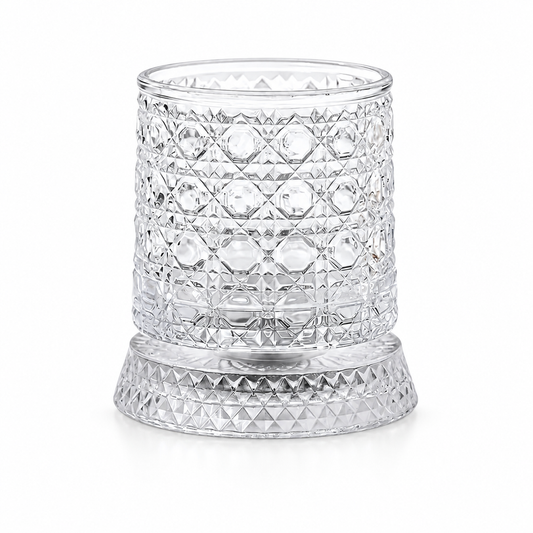 Vaso de vidrio giratorio transparente, fotografía de estudio con fondo blanco, RM48-12