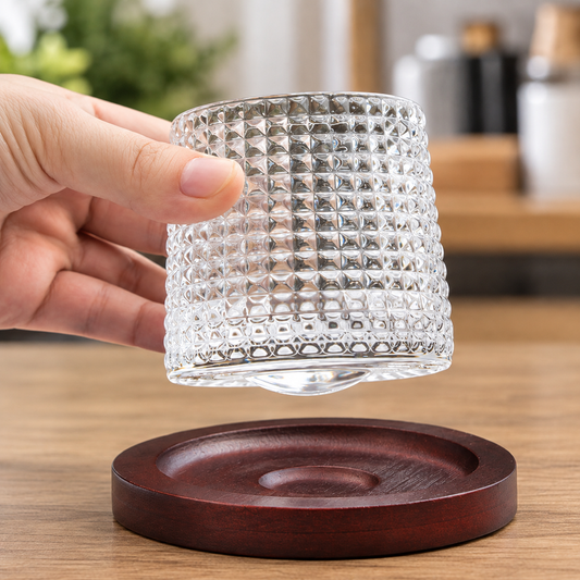 Vaso giratorio de vidrio diseño diamantes con posavasos
