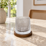 Vaso giratorio de vidrio diseño diamantes con posavasos