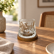 Vaso giratorio de vidrio diseño corteza con posavasos