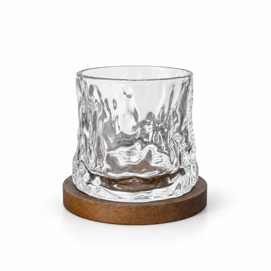 Vaso giratorio de vidrio diseño corteza con posavasos, fotografía de estudio con fondo blanco, RM48-14
