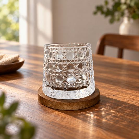 Vaso giratorio de vidrio diseño piedras preciosas con posavasos, fotografía ambientada del producto RM48-15