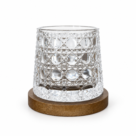 Vaso giratorio de vidrio diseño piedras preciosas con posavasos, fotografía de estudio con fondo blanco, RM48-15