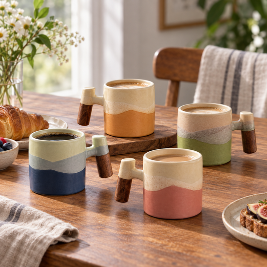 Taza de cerámica con asa de madera, fotografía ambientada del producto RM48-7