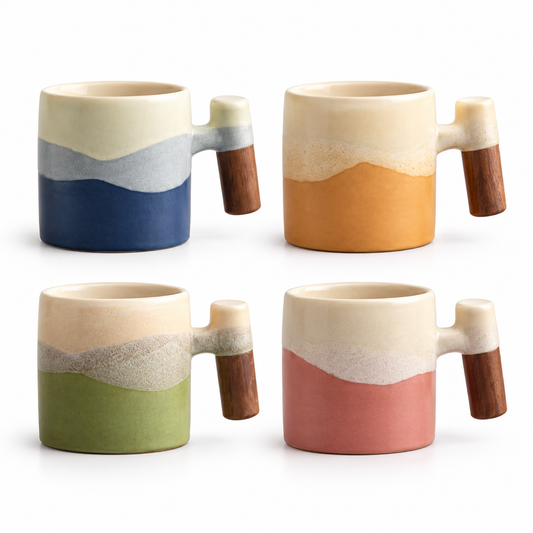 Taza de cerámica con asa de madera, fotografía de estudio con fondo blanco, RM48-7
