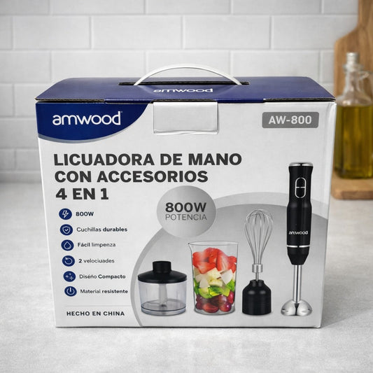 AW-800 Licuadora de Mano con Accesorios 4 en 1 Amwood caja
