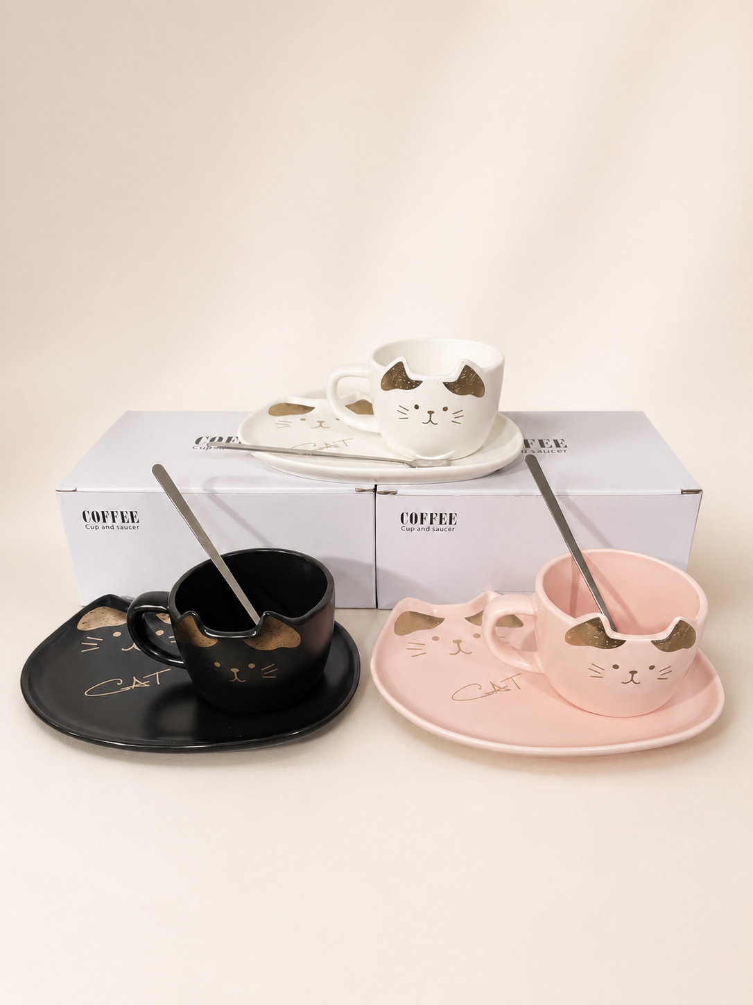 Set Taza Cerámica con Plato y Cuchara Cat 200 ml - RM46-61